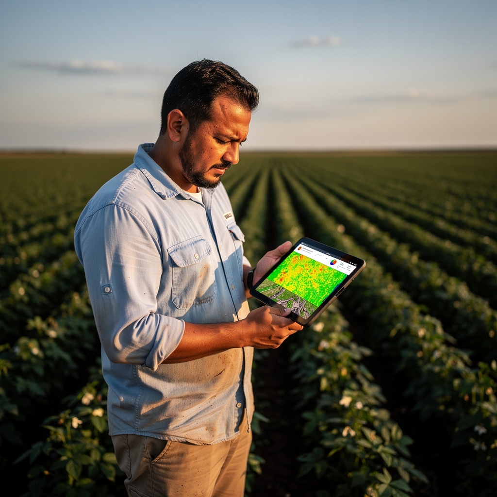 Productor revisando datos de agricultura de precisión en tablet en el campo