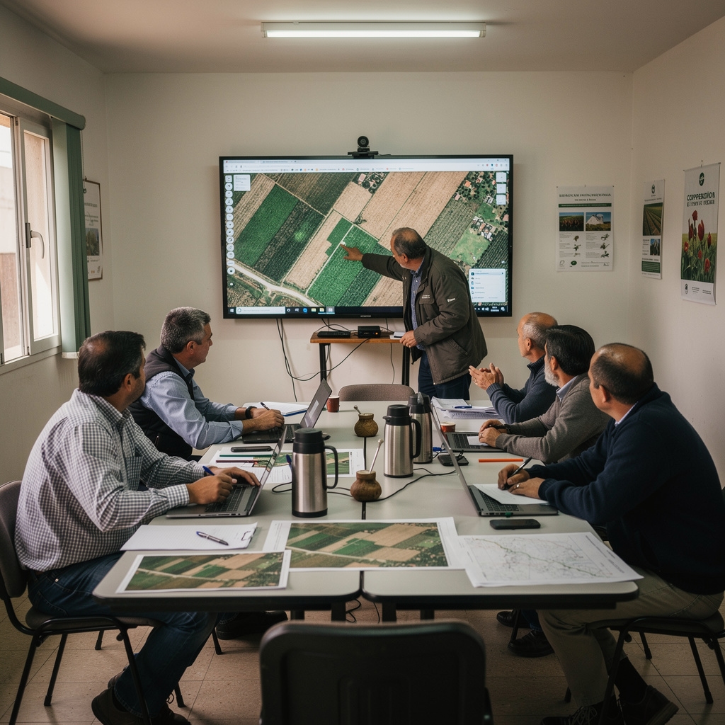 Reunión de productores agropecuarios en sala de cooperativa revisando información en pantalla