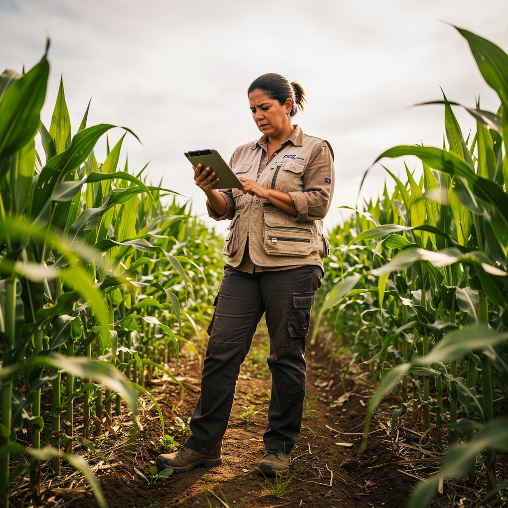 Productor agropecuario usando tablet en el campo para consultar datos satelitales