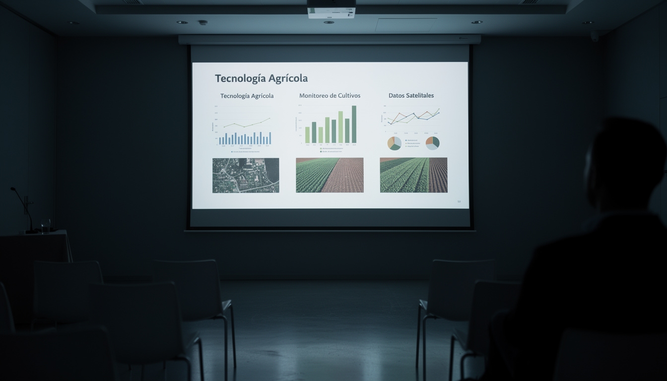 Pantalla de webinar sobre tecnología agropecuaria con gráficos de datos satelitales